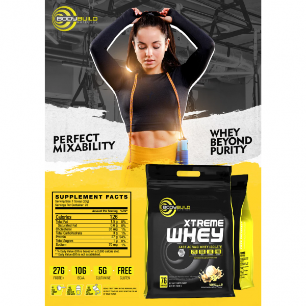 BodyBuild Xtreme Whey Protein 5.5lbs, 27g Protein, 76 Serving, With DigeZyme® Rich in BCAAs Halal