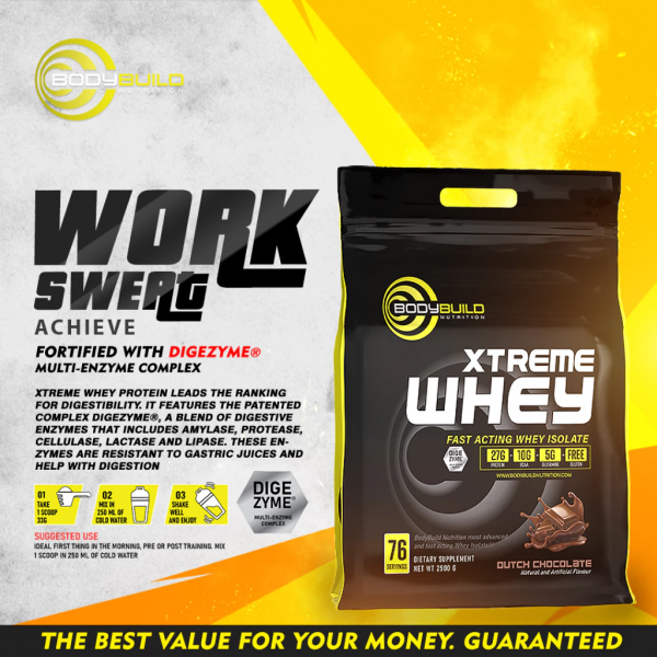 BodyBuild Xtreme Whey Protein 5.5lbs, 27g Protein, 76 Serving, With DigeZyme® Rich in BCAAs Halal